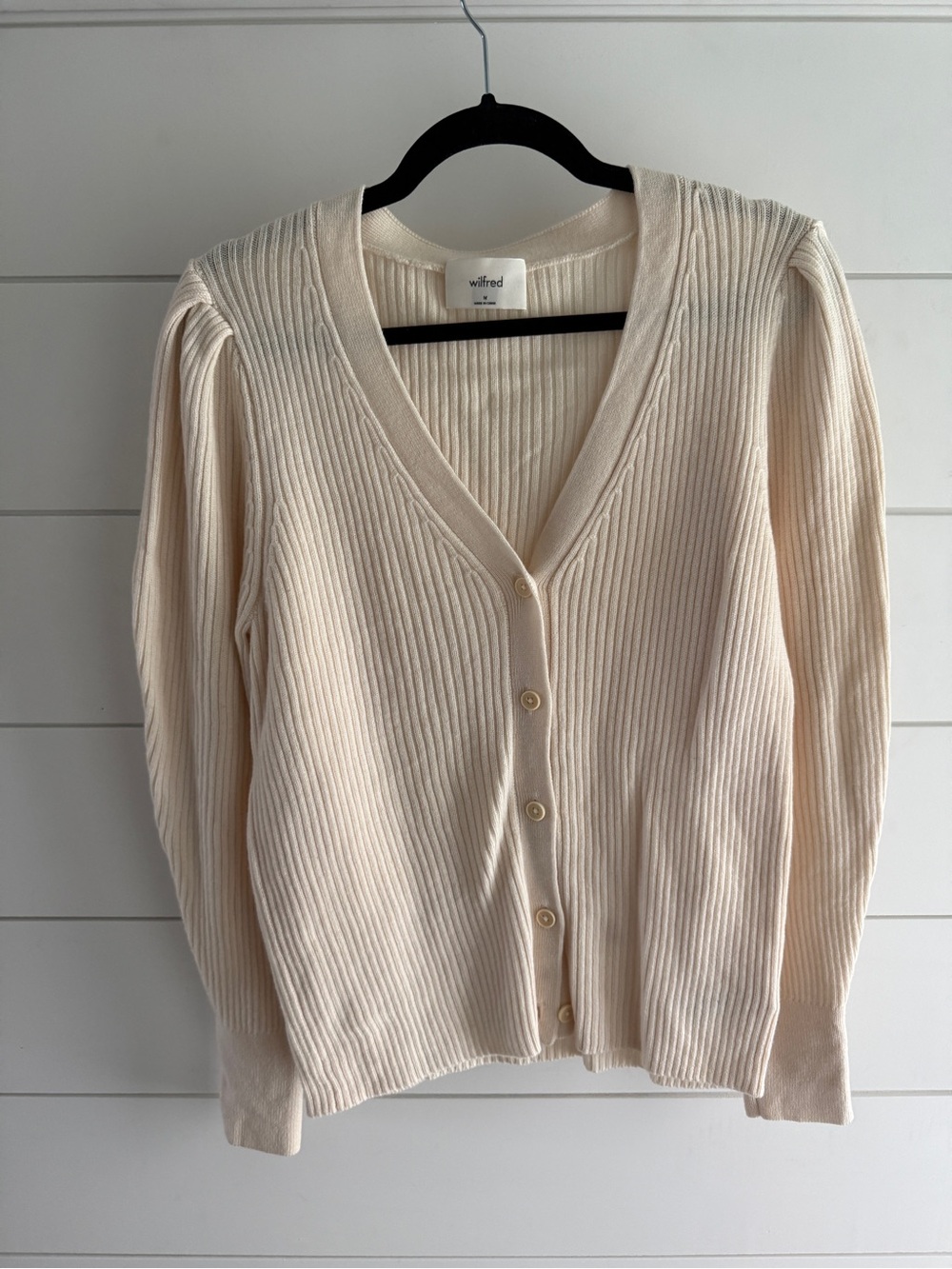Aritzia Wilfred Cream Ribbed V-Neck Button Cardigan